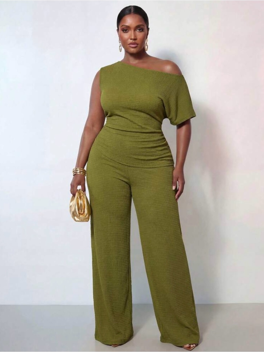 One-Shoulder Olive Green Wide-Leg 2 piece